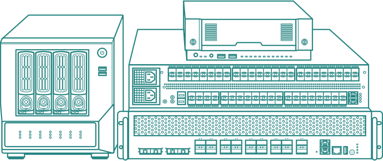 Line drawing of network hardware devices including server and switches with multiple ports.