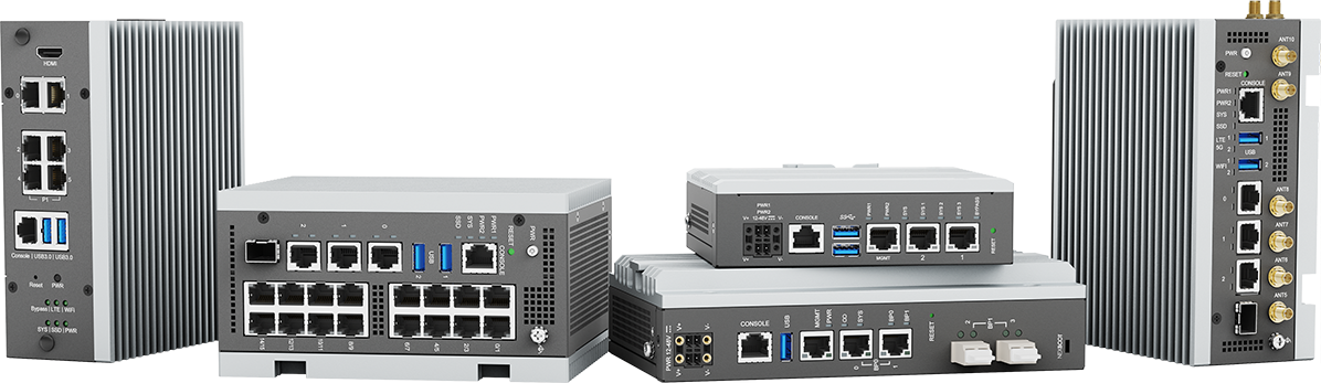 Four industrial network devices with multiple ports and antennas on a white background.