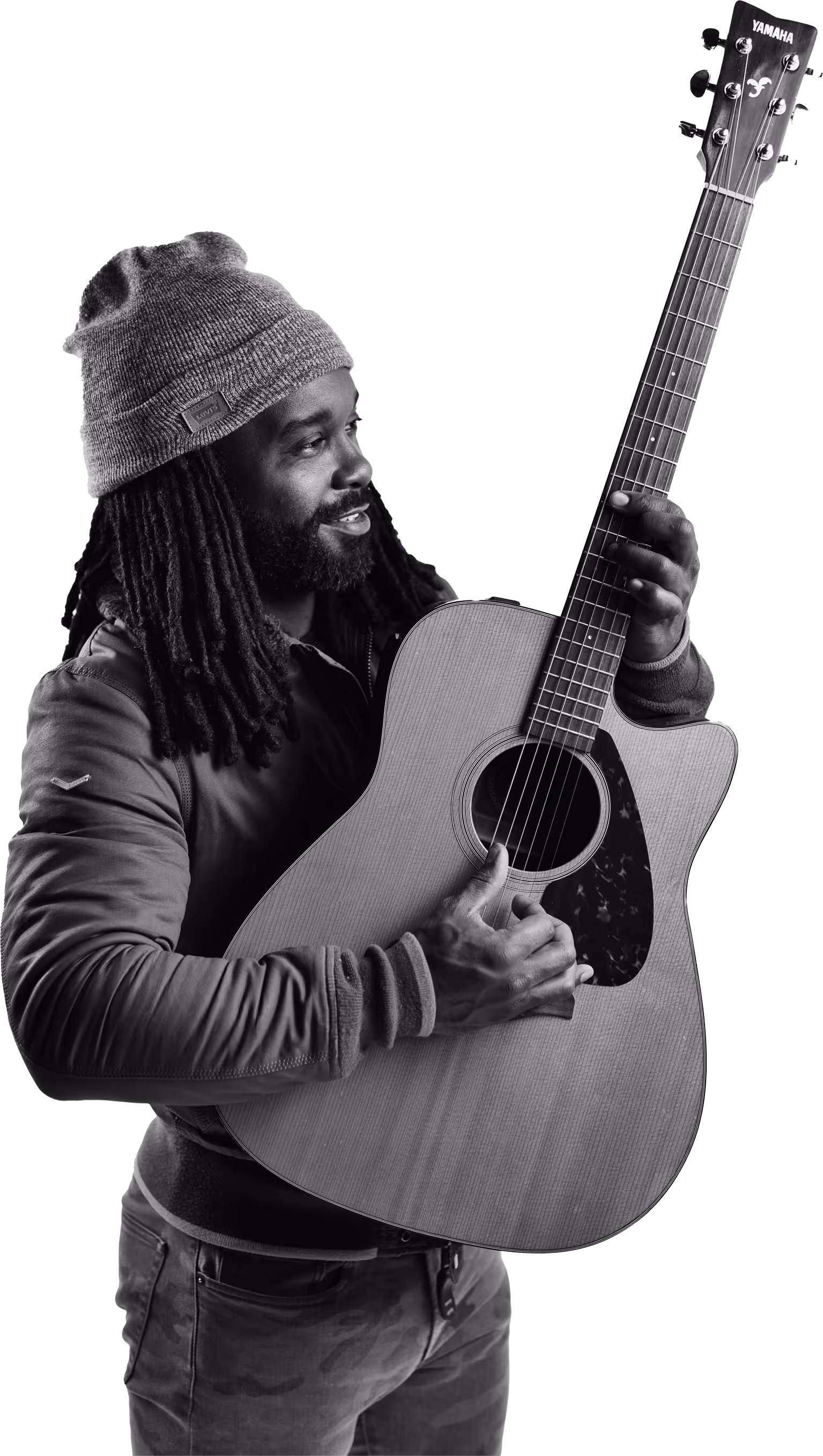 Black-and-white stylized image of George lifting a guitar above his shoulder.