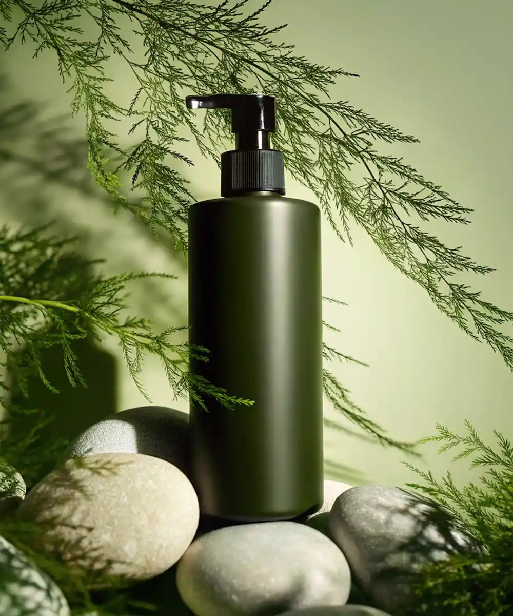 Aesthetic shoot of product mockup in green setting.