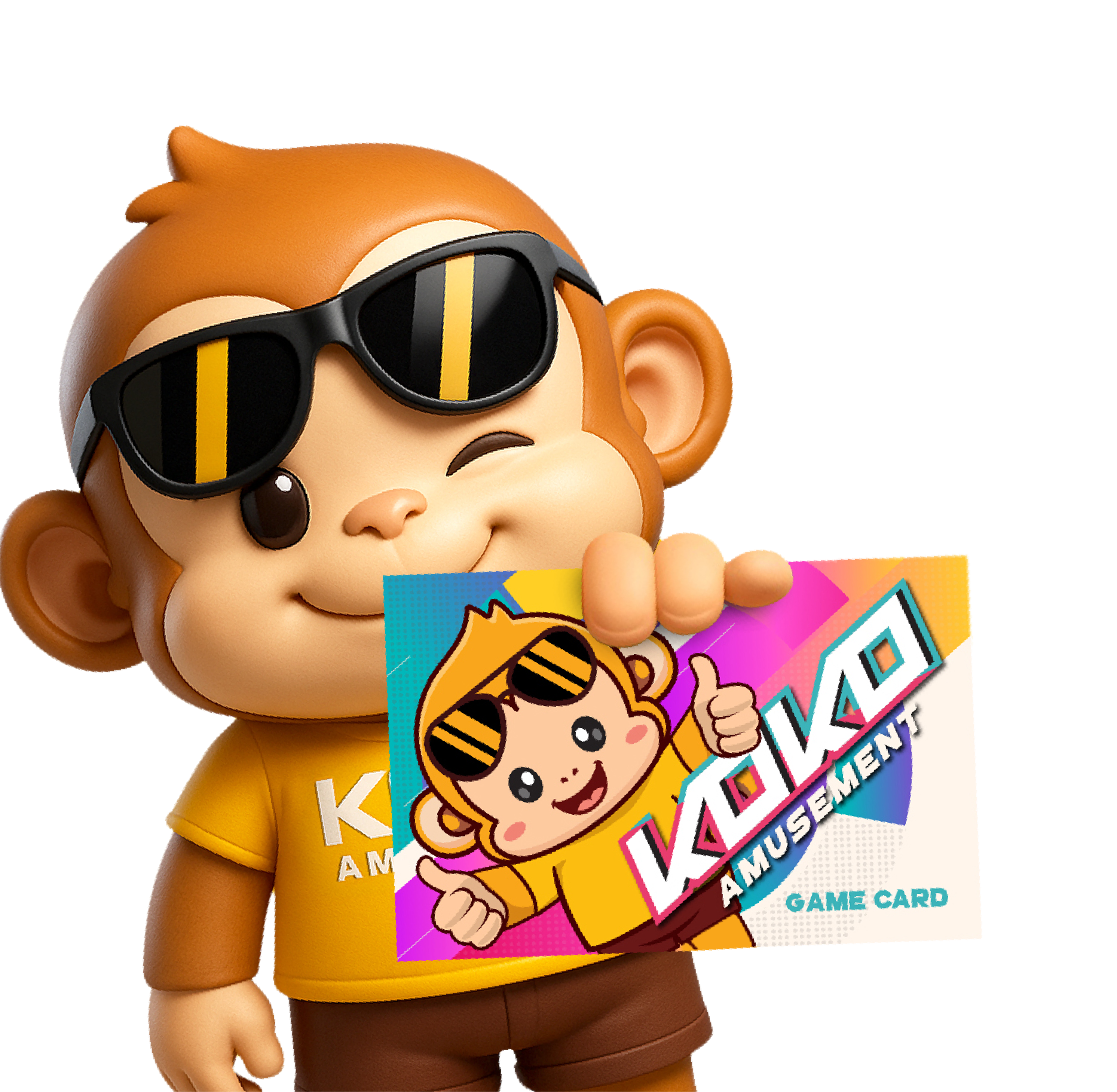 George, the KOKO Amusement mascot, holding a KOKO game card