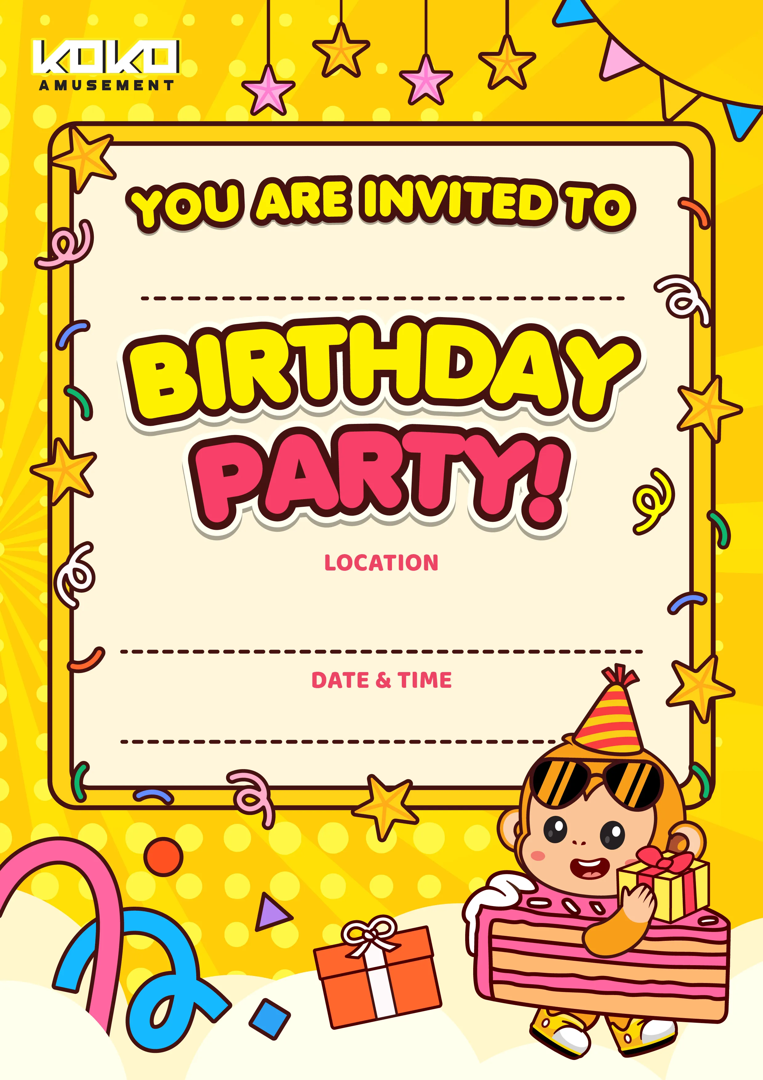 KOKO Amusement printable birthday party invitation with space for location, date and time
