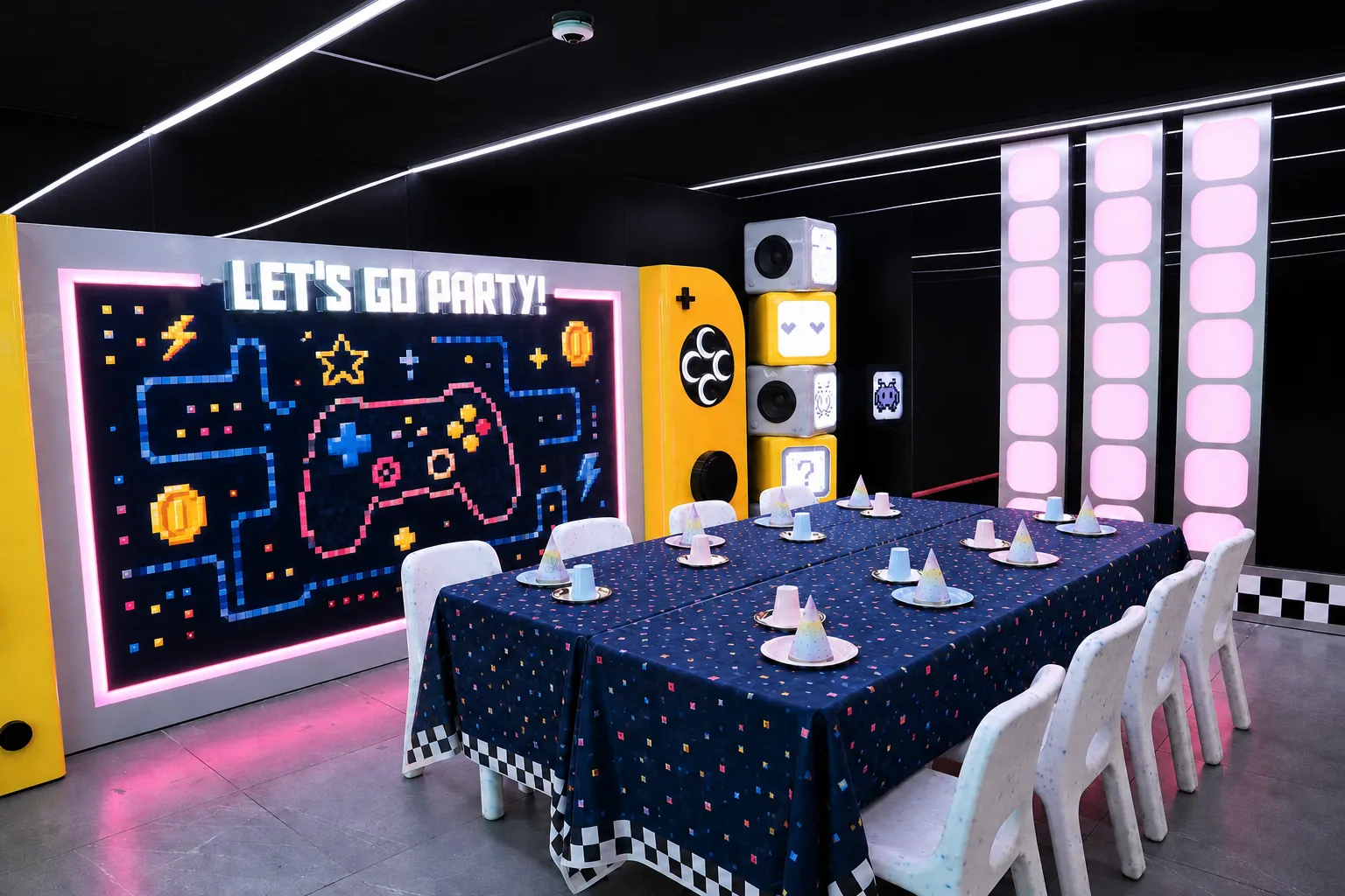Private birthday party room at KOKO Amusement Town Hall with a neon Let's Go Party sign and a set table for guests