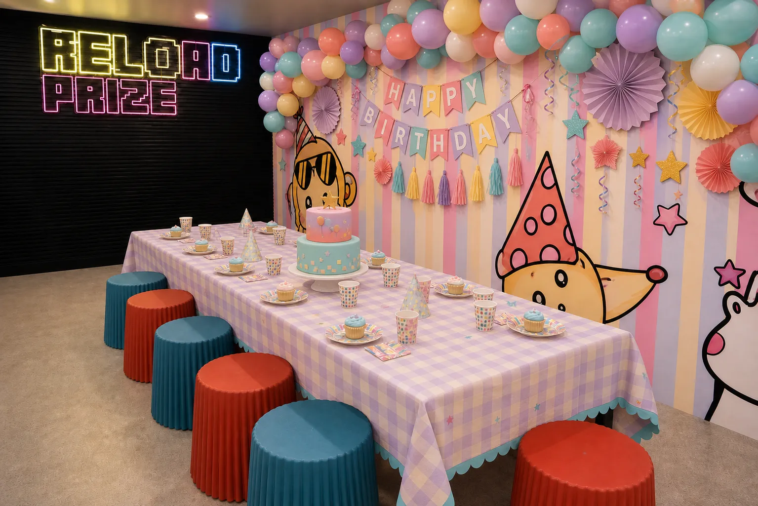 Pastel themed birthday party room with balloon arch and set table at KOKO Amusement