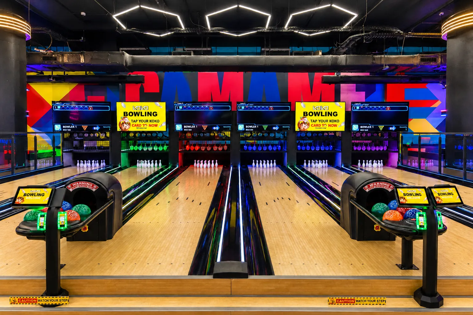 Mini bowling lanes with neon lighting at KOKO Amusement Hornsby Level 2