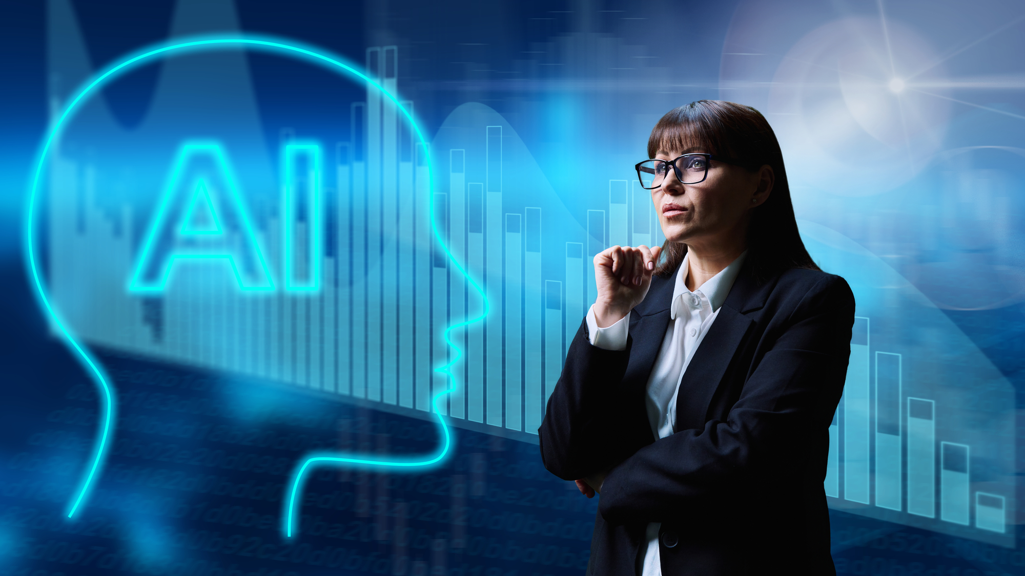 businesswoman talking about AI