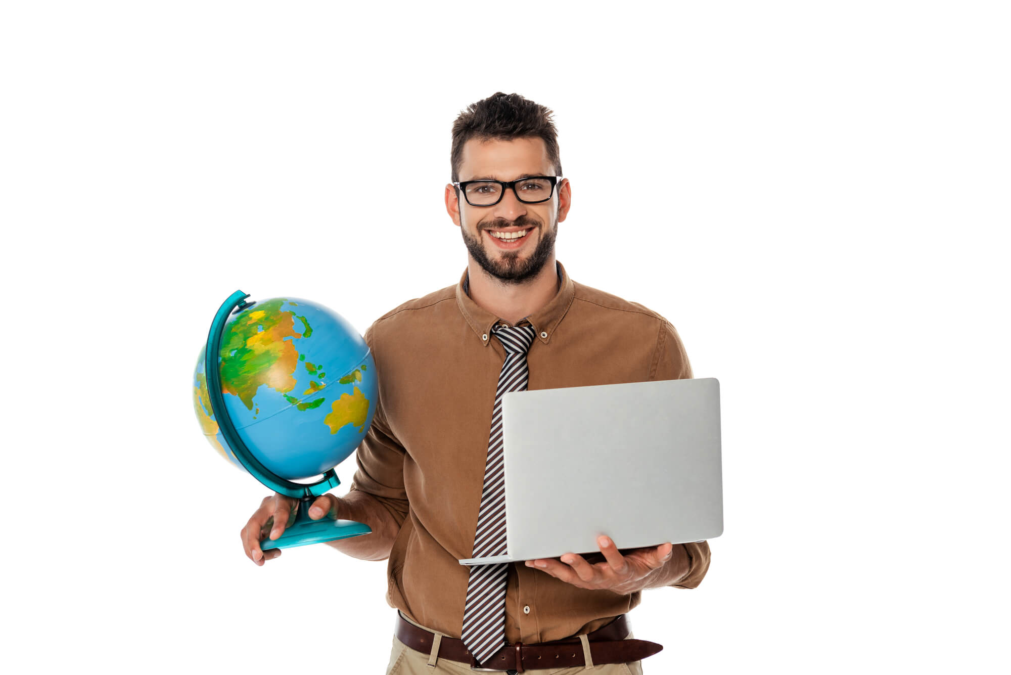 male marketer holding laptop on one hand and globe on another