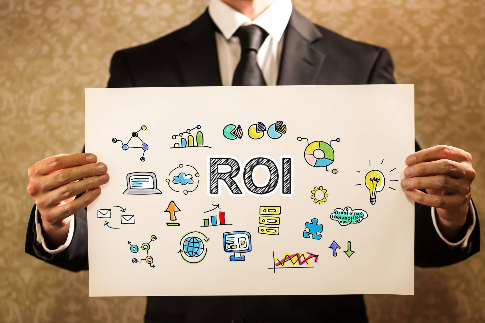 businessman holding roi illustration