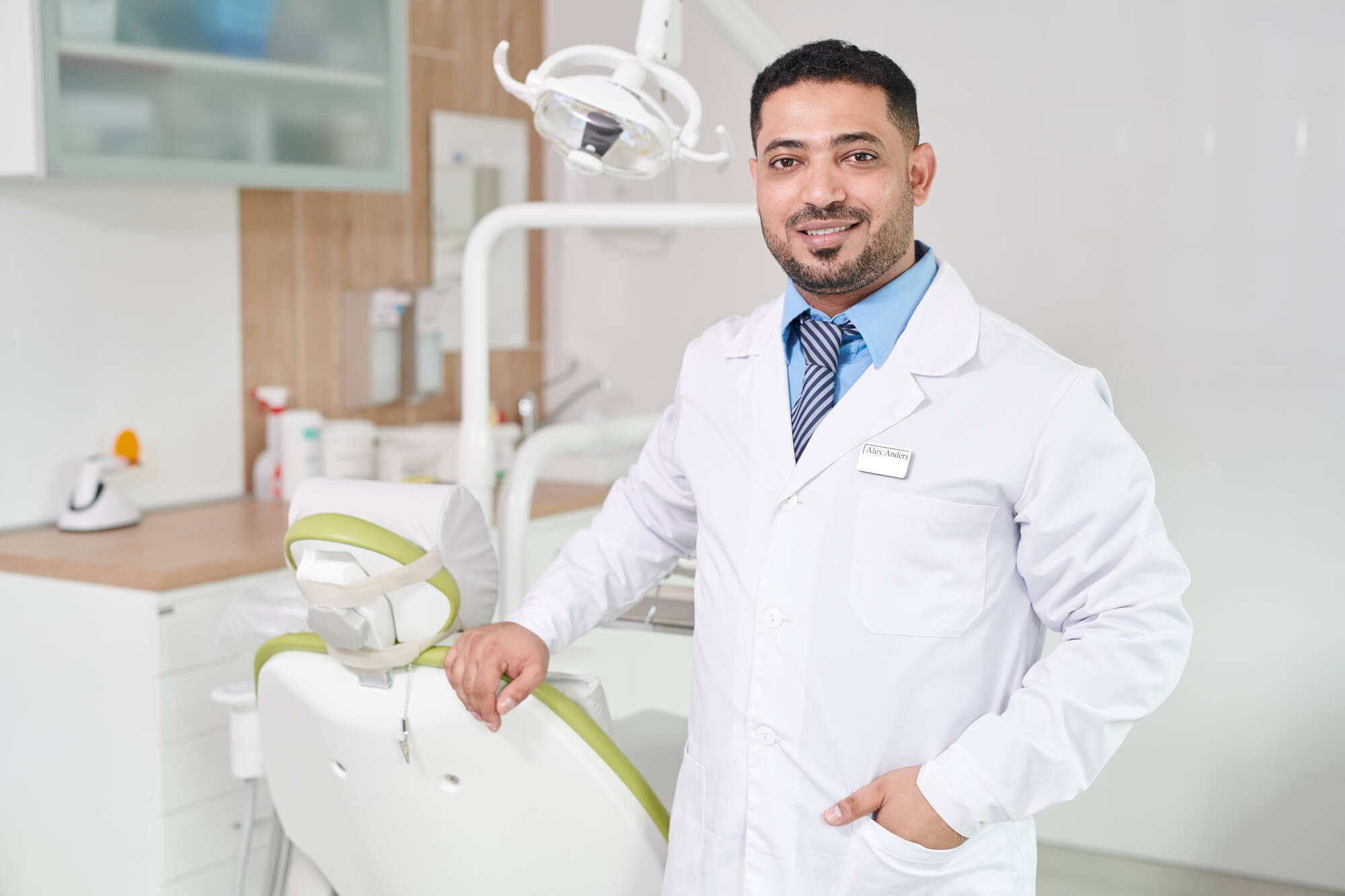 dentist posing sternly