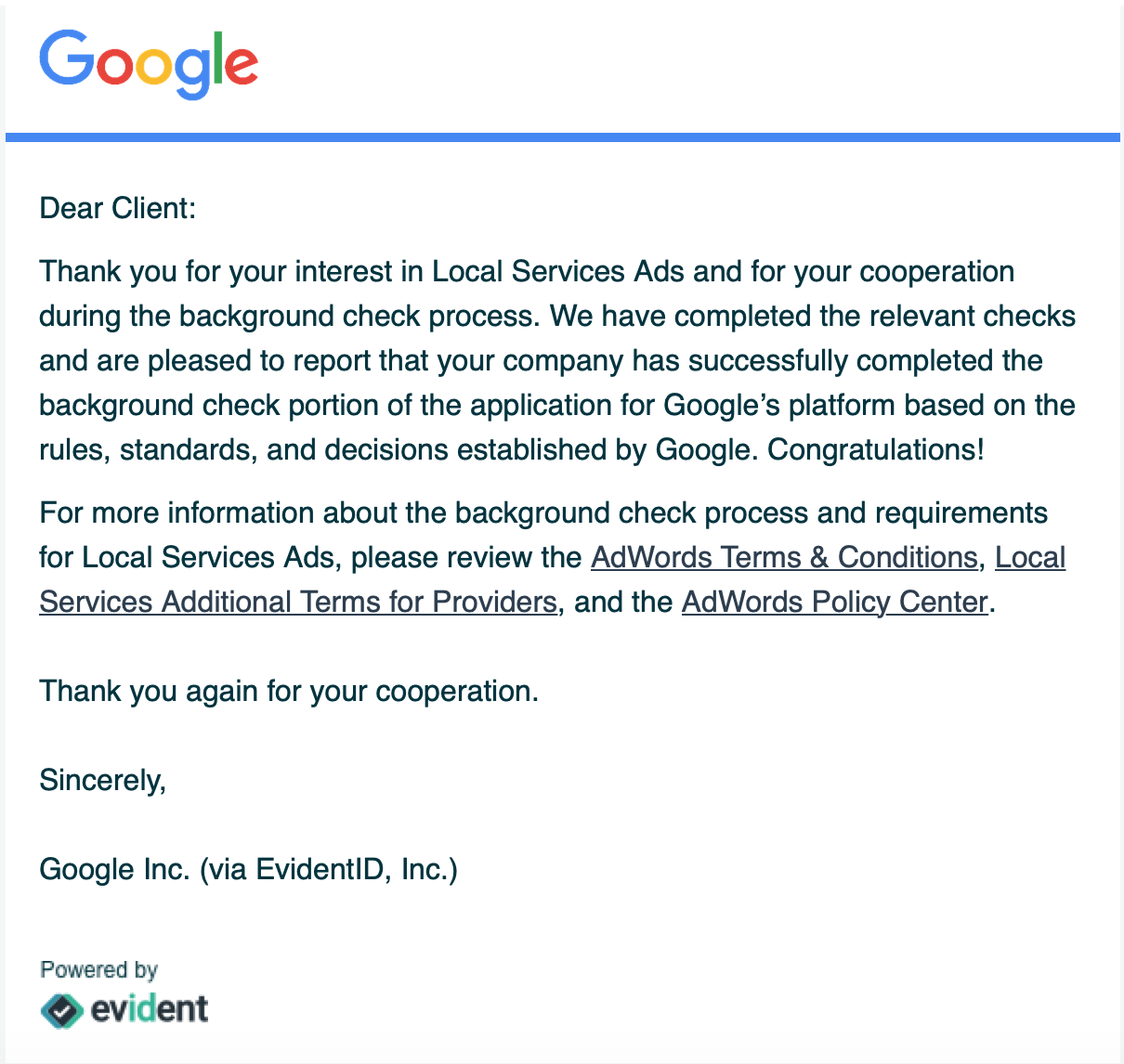 sample Evident ID background check approval email