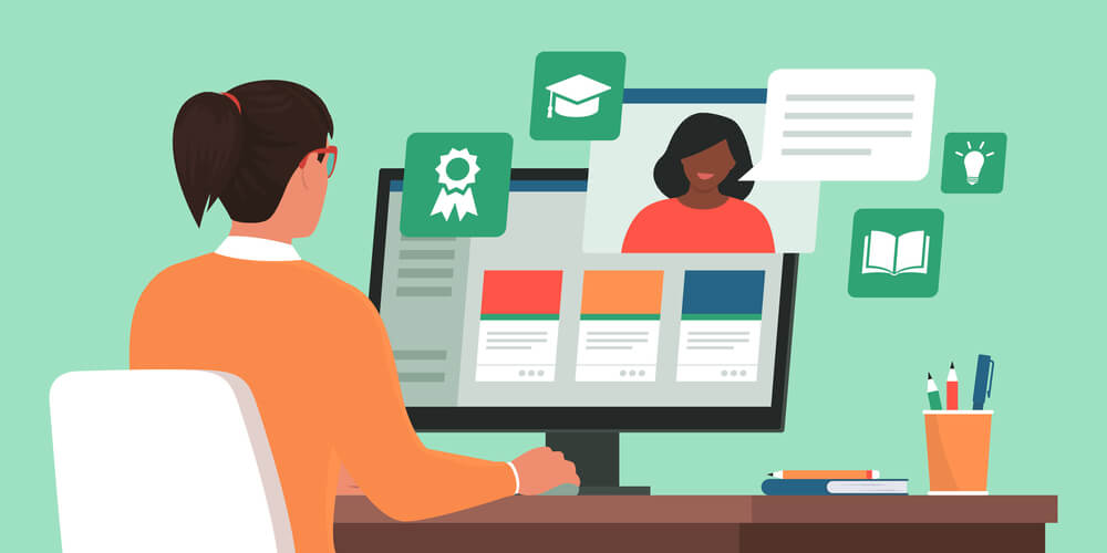 Woman sitting at desk and interacting with content optimized for Miami SEO. 