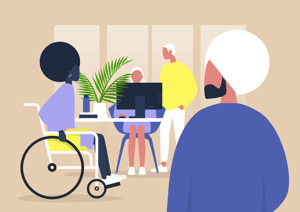 Different kinds of people from various cultural backgrounds, race, religion, size, and capabilities, represent the company in an ad.