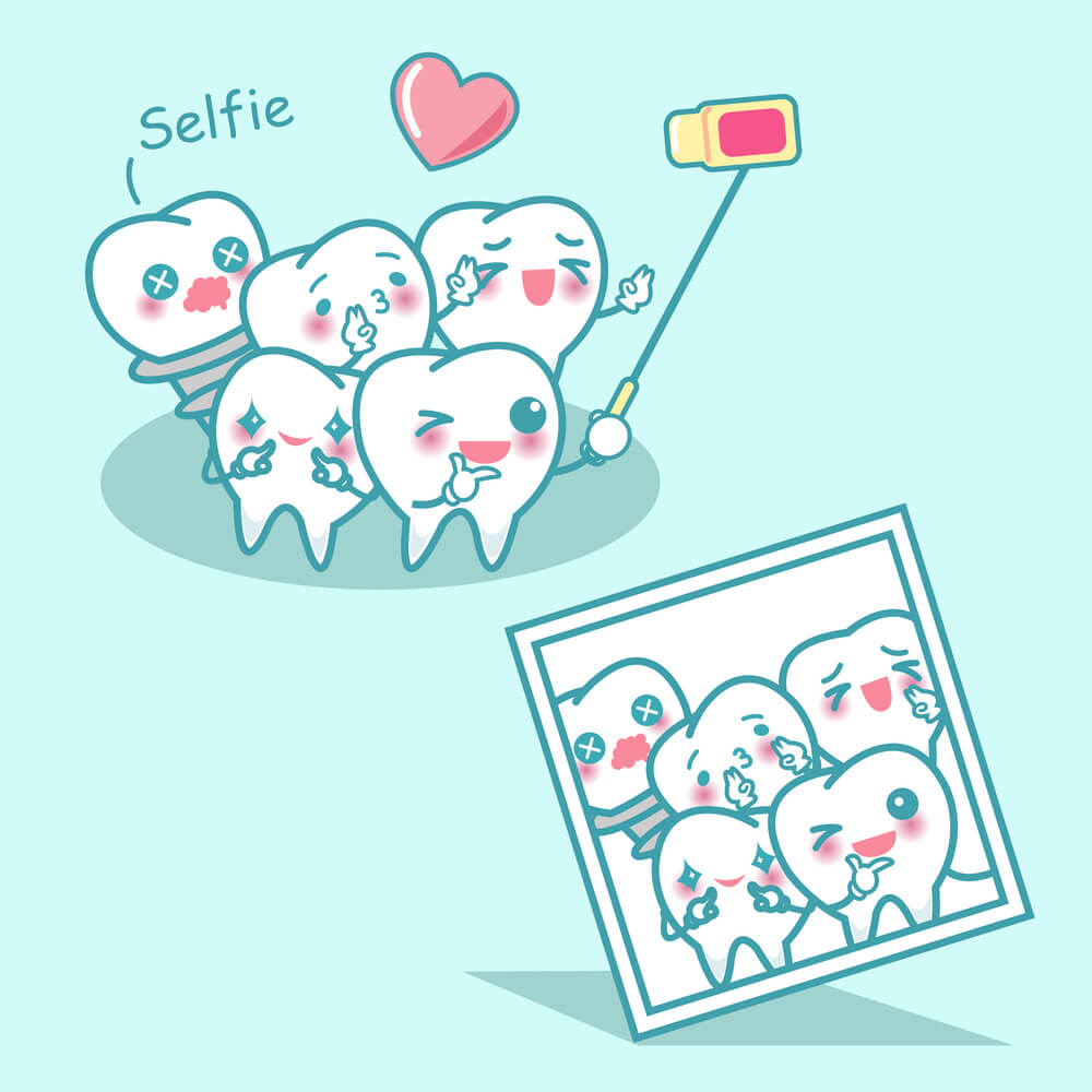 Cartoon illustration of teeth taking photos for social media for dentists.