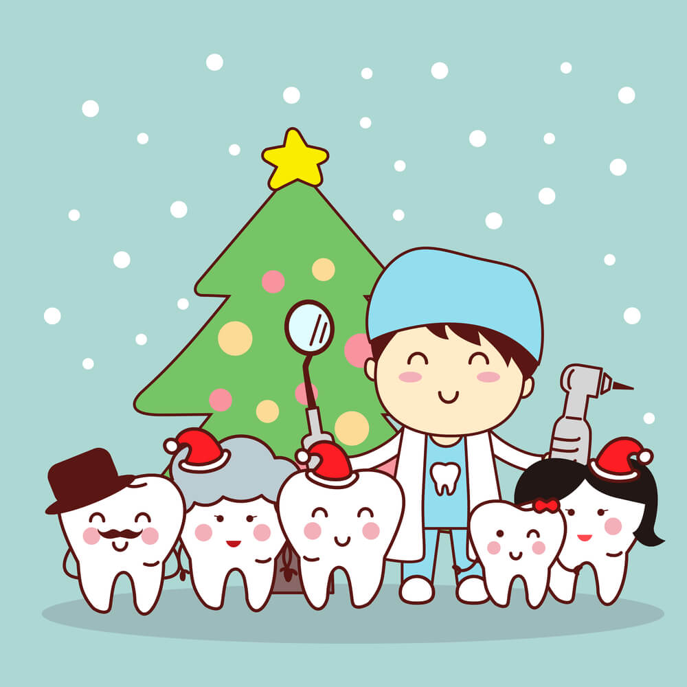 Dentist smiling with tooth illustration in Christmas hats.