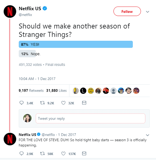 Netflix's digital marketing agency in Miami advices them to create a social media poll to ask what their audience think. 