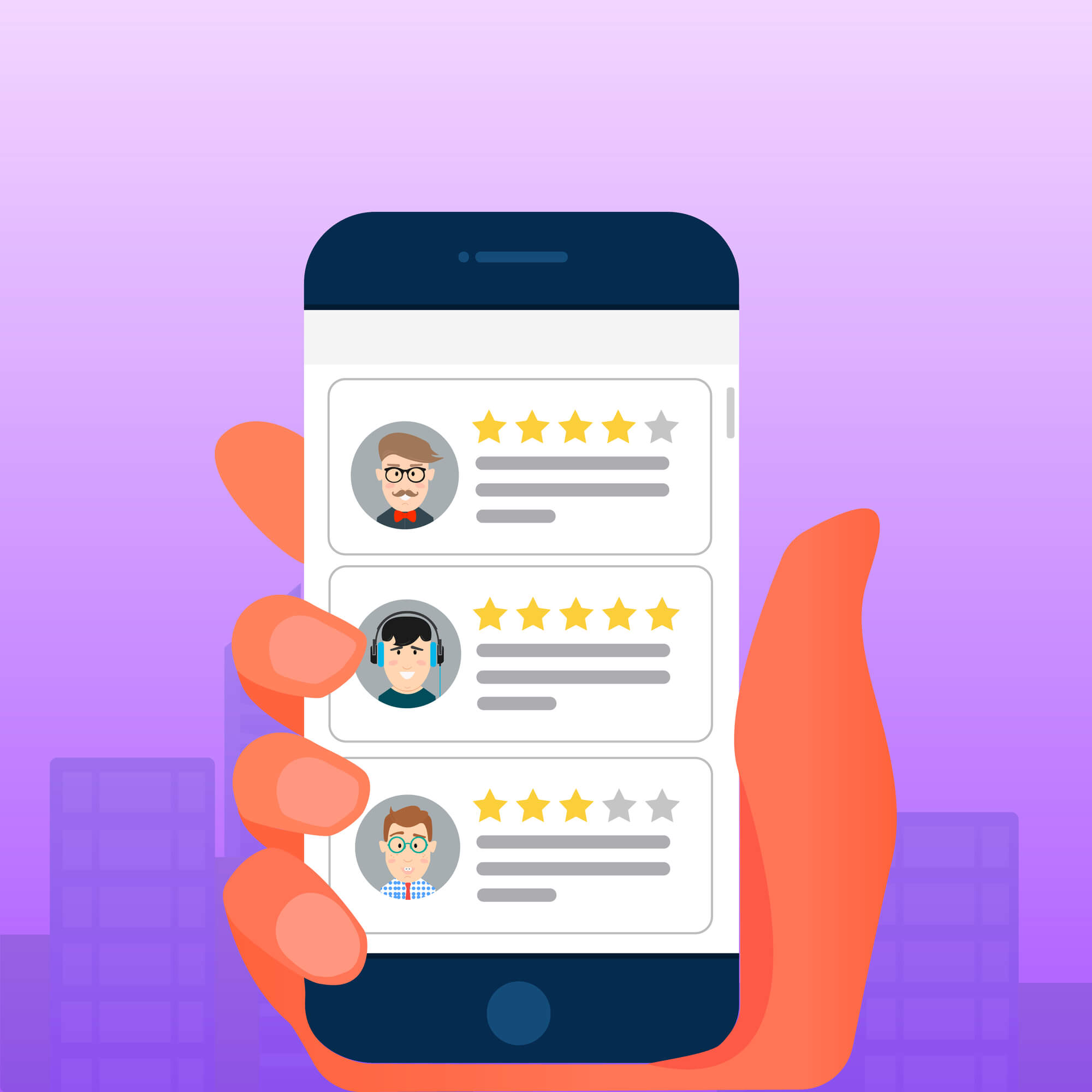 5-star review from clients as shown in mobile phone