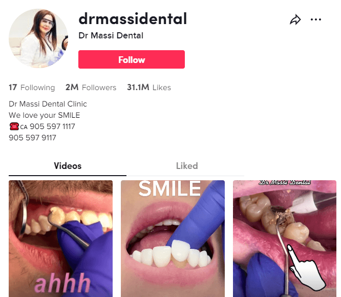 Screenshot of Dr. Massi's TikTok account social media for dentist.