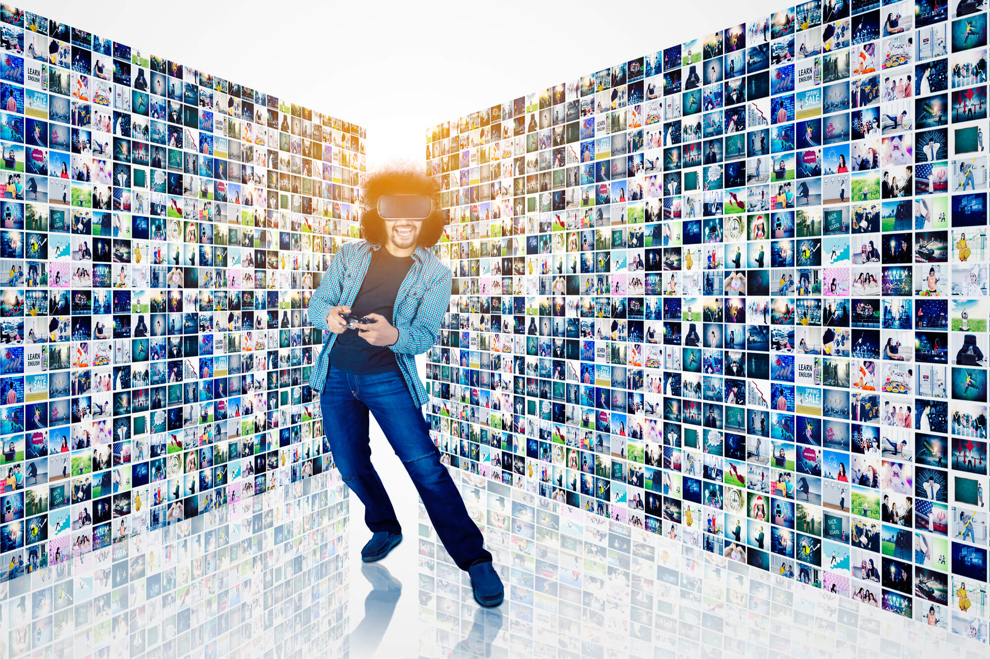 happy man with VR glasses and joystick