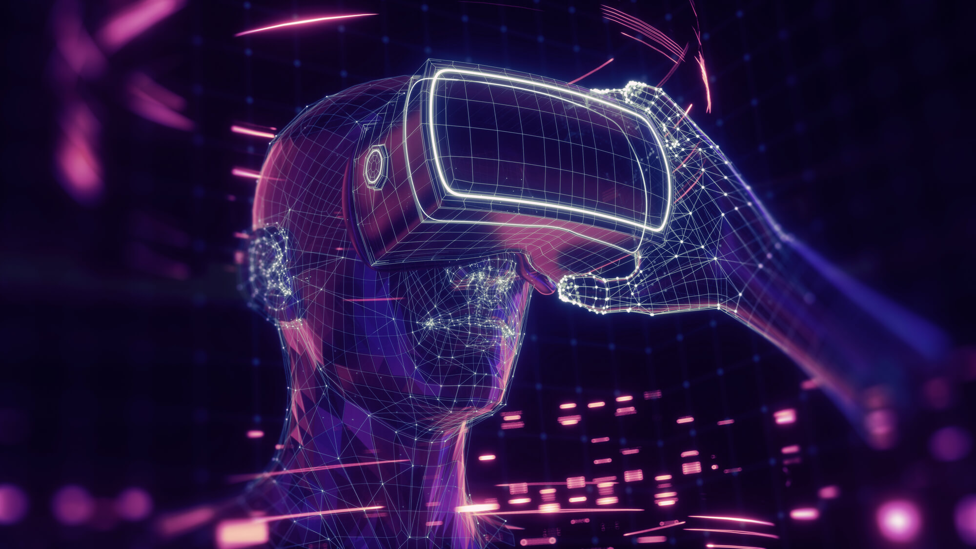 3D render of virtual man holding virtual reality glasses 