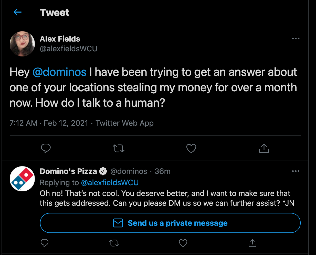 customer support reply from Domino's