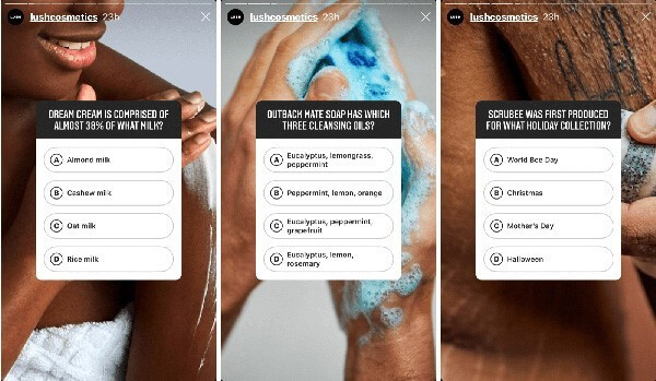 Screenshot of lush cosmetics' Insta quizzes and polls.