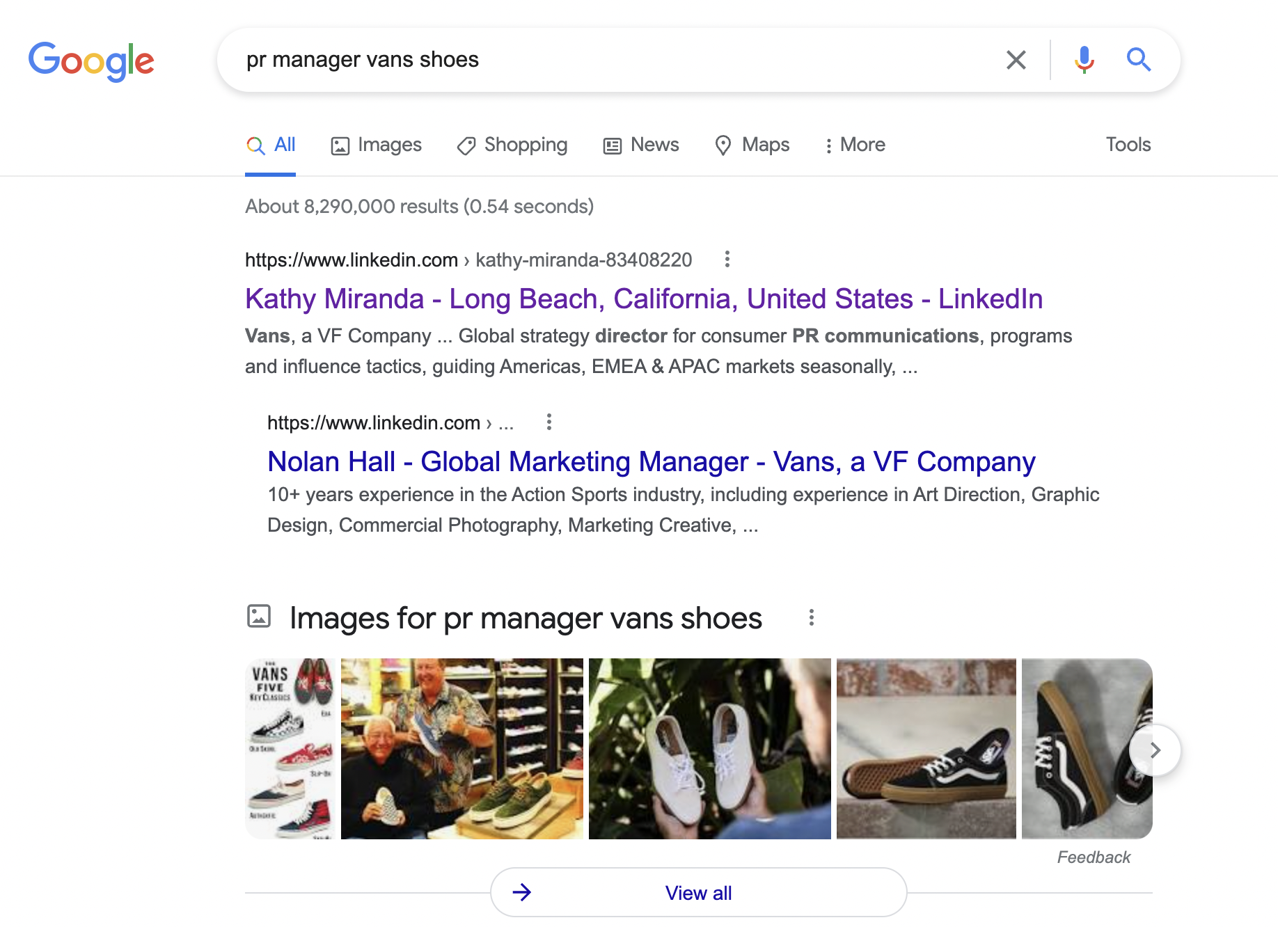 Using Google to search for "pr manager vans shoes"