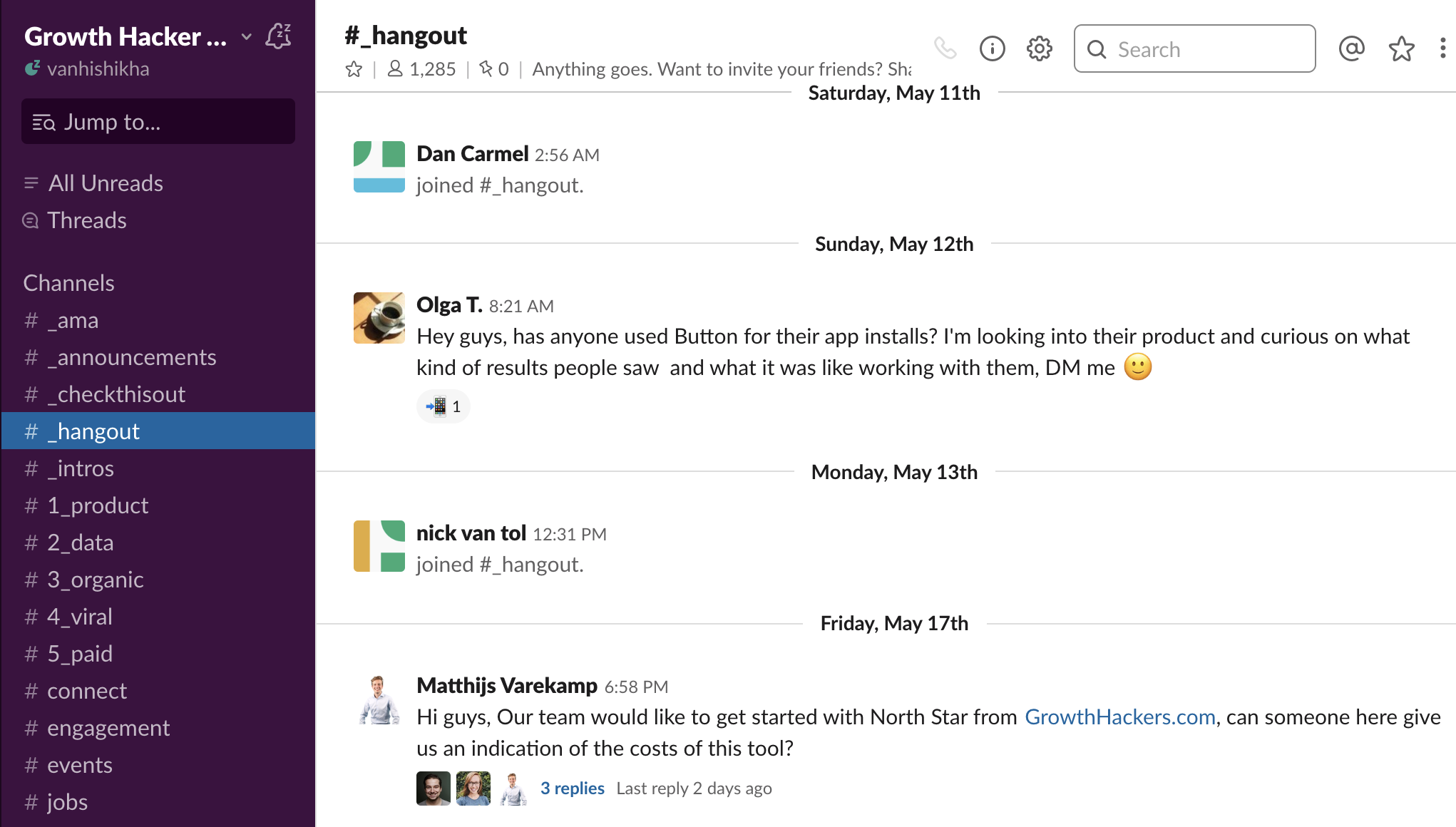 sample Slack channels