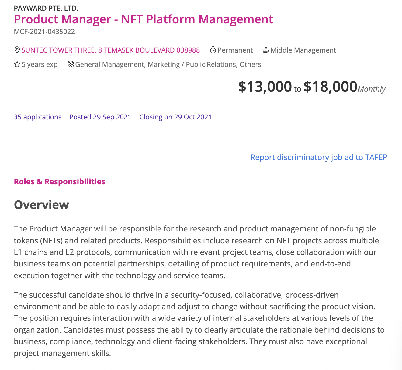 NFT manager job posting