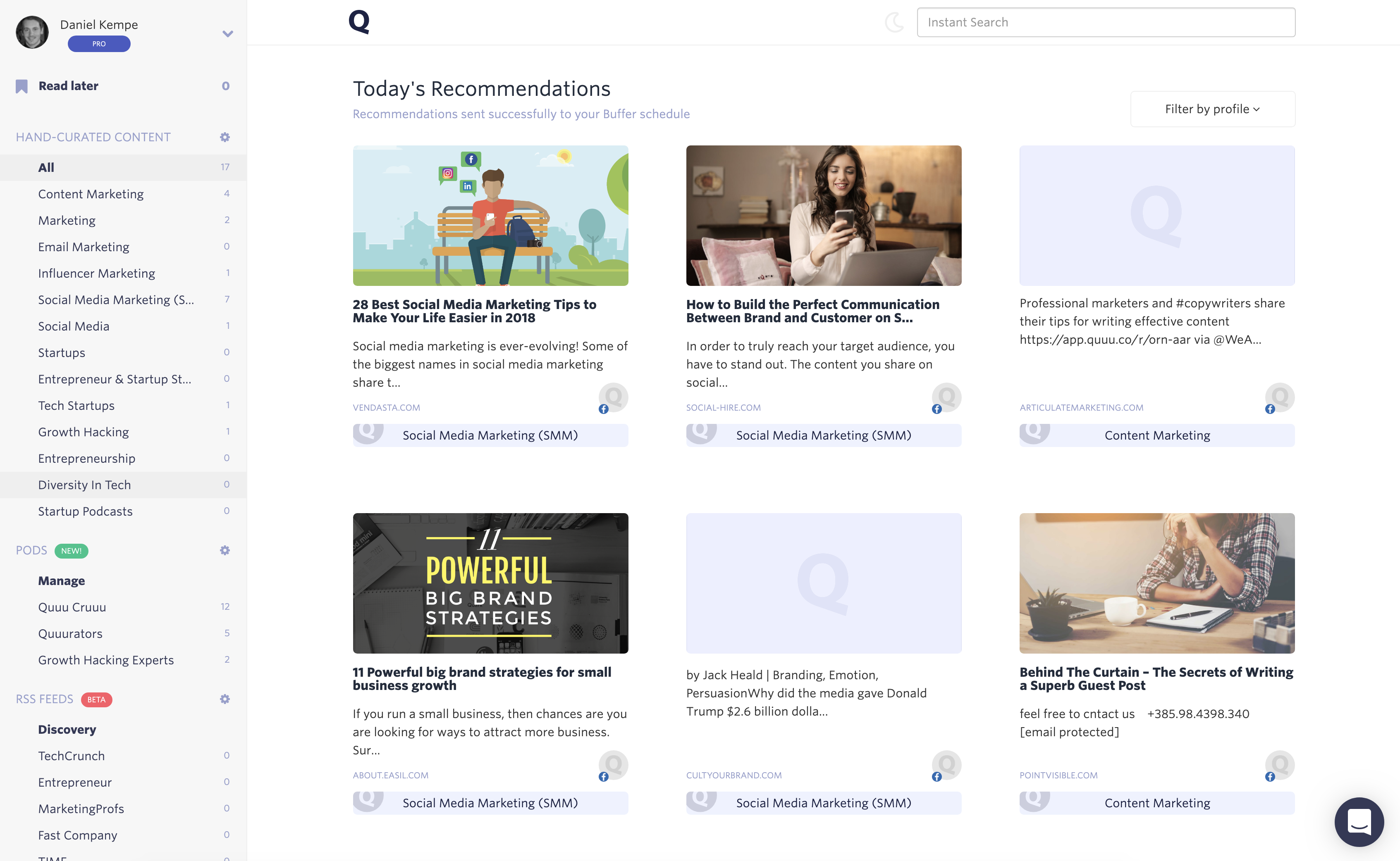 sample Quuu account homepage