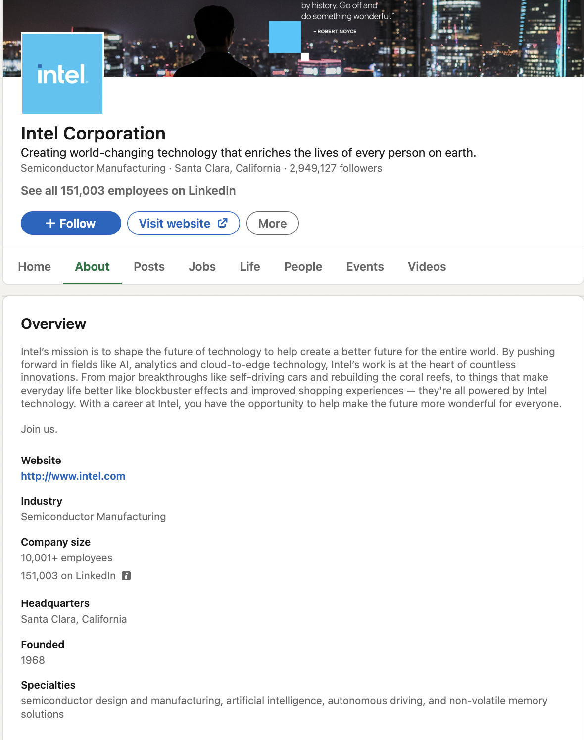 Intel Corp.'s LinkedIn profile