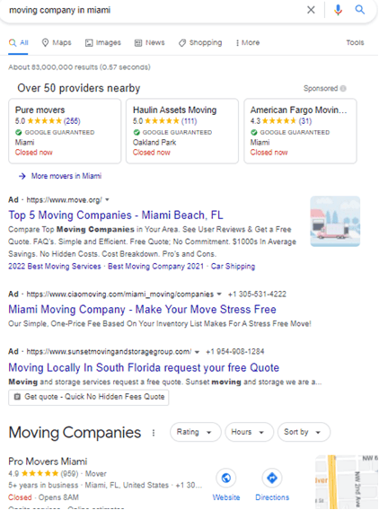 SEO for moving companies  screenshot Google results.