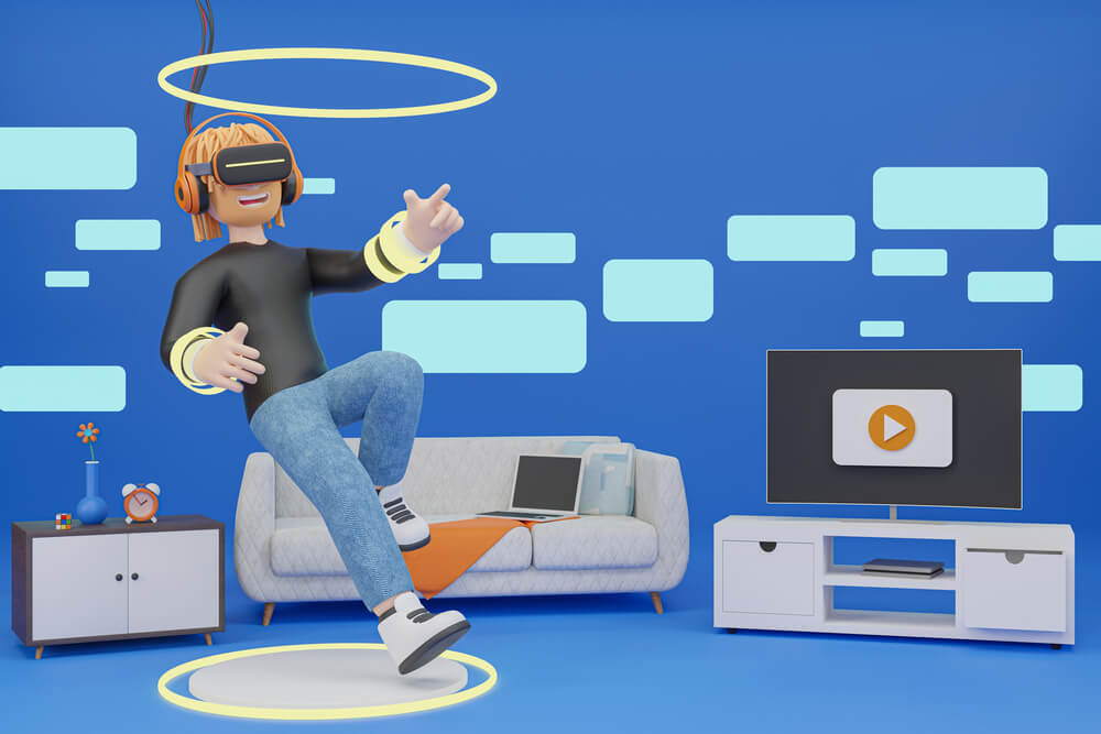 Avatar on screen playing games in metaverse.