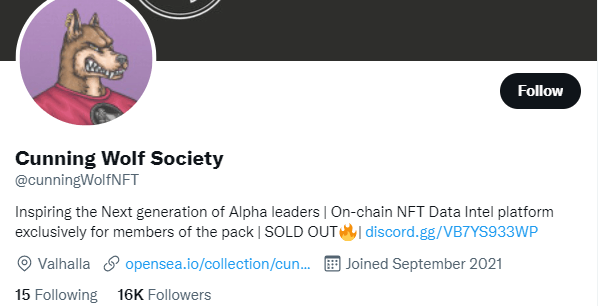 Screenshot of cunning wolf society's Twitter bio.