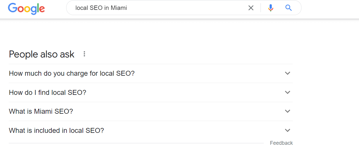 Screenshot of the Google search result "local SEO in Miami". 