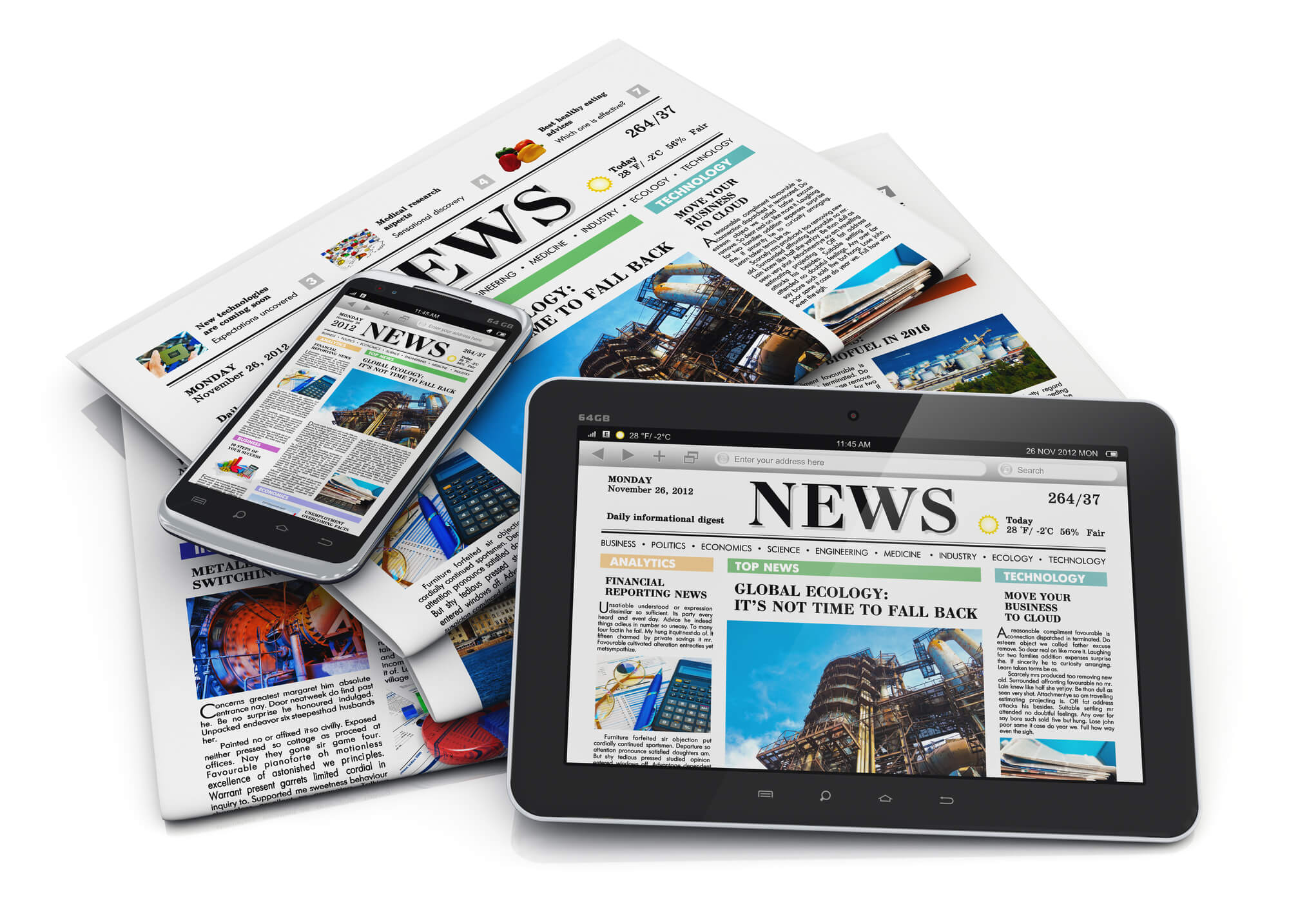 images of news paper and digital media on a tablet and cellphone