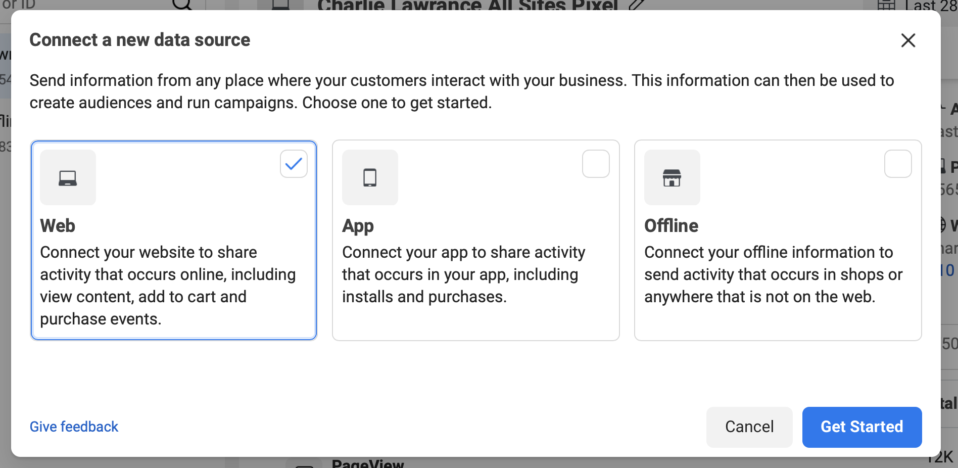 "Connect Data Source" interface on Facebook events manager
