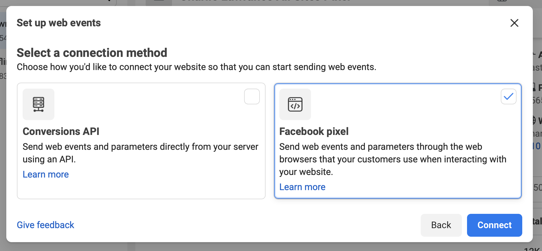Setting up web events on Connect Data Sources page