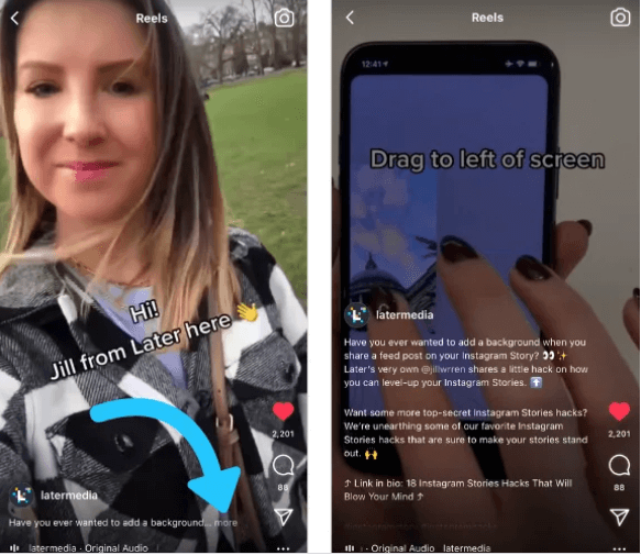 screenshot of putting caption on an Instagram Reel