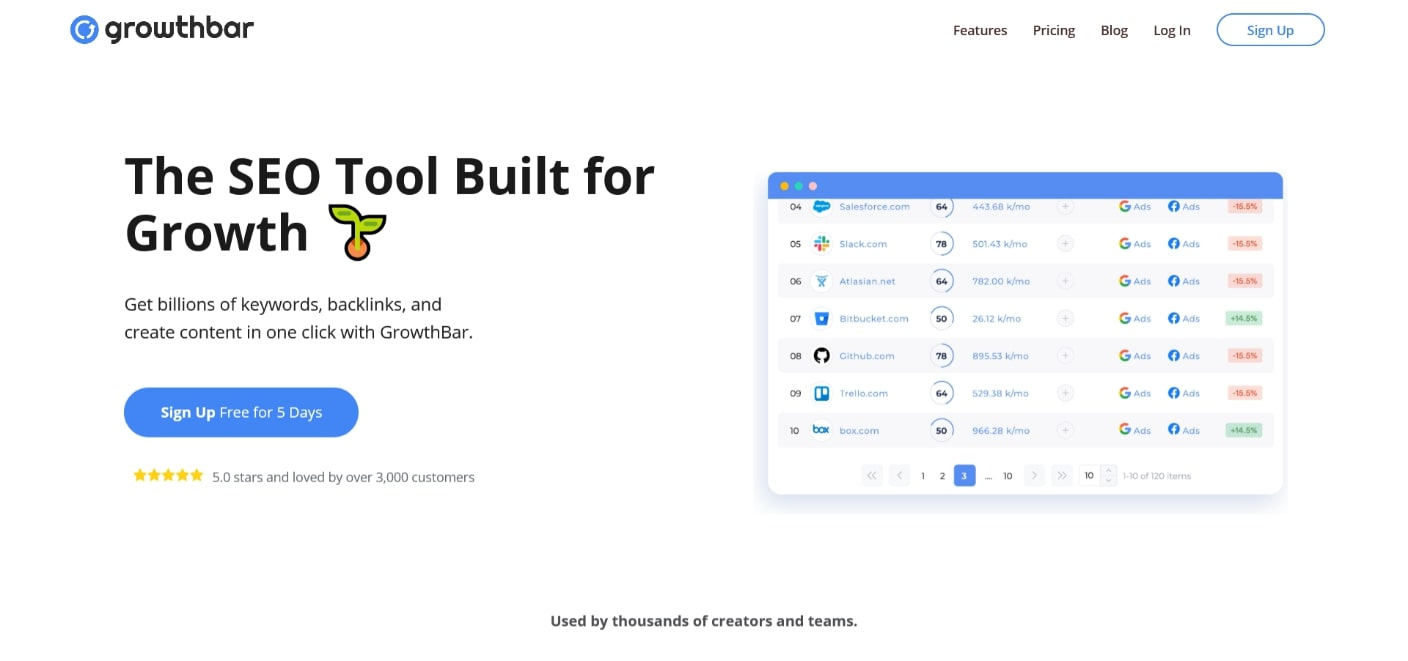 growthbar homepage