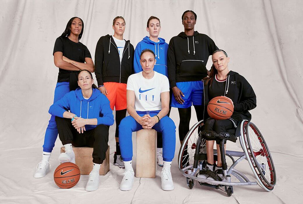photo of women who play basketball from different ethnicity and one in a wheelchair to show diversity and inclusivity