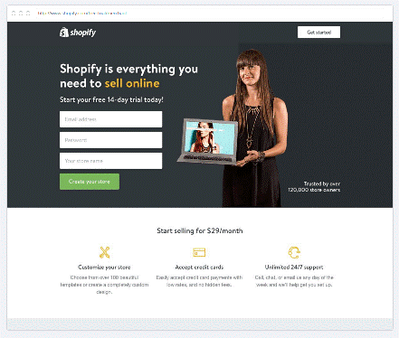 a screenshot of Shopify's landing page website design in Miami 