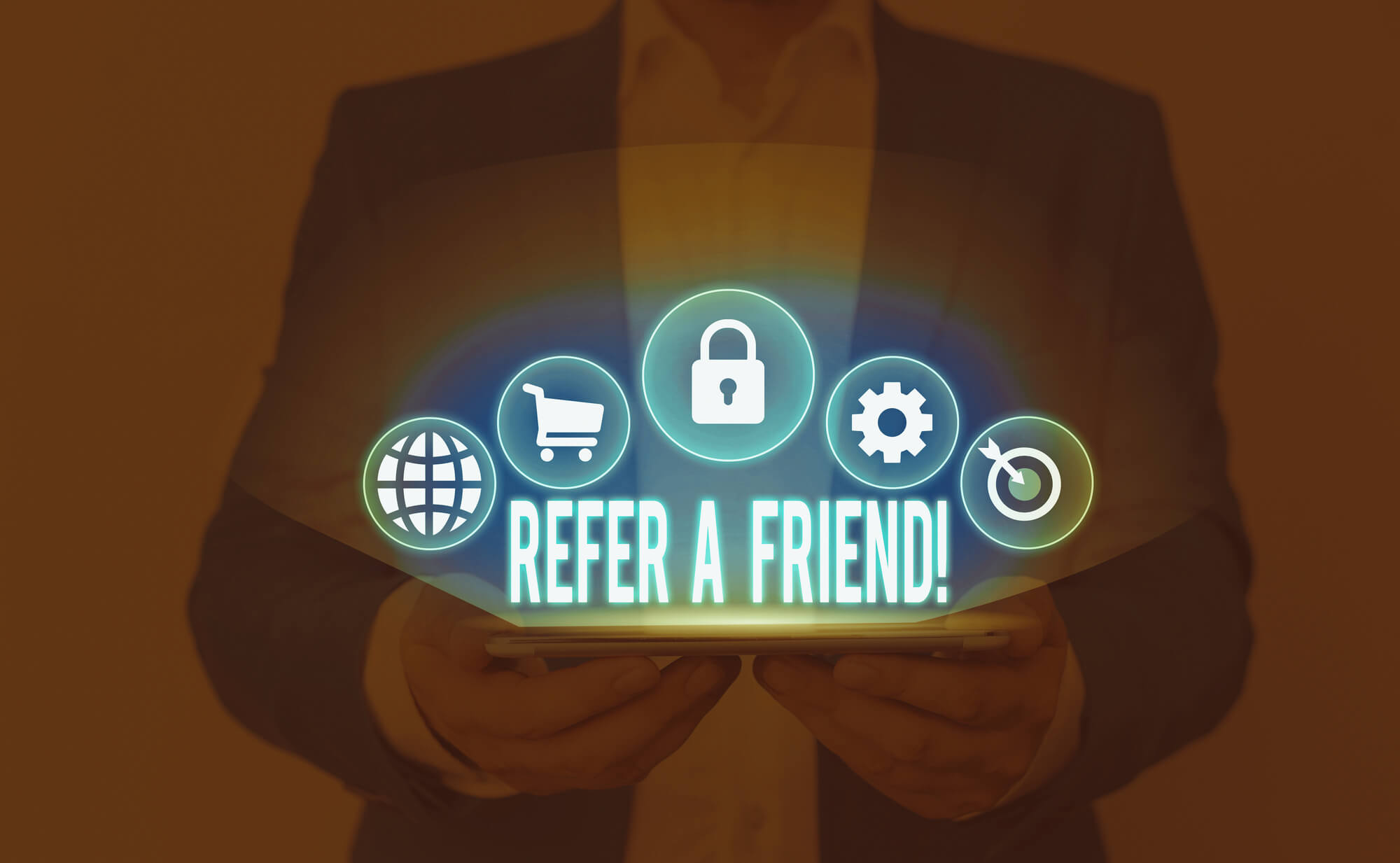 business man holding an ipad with a hologram of a referral program vector