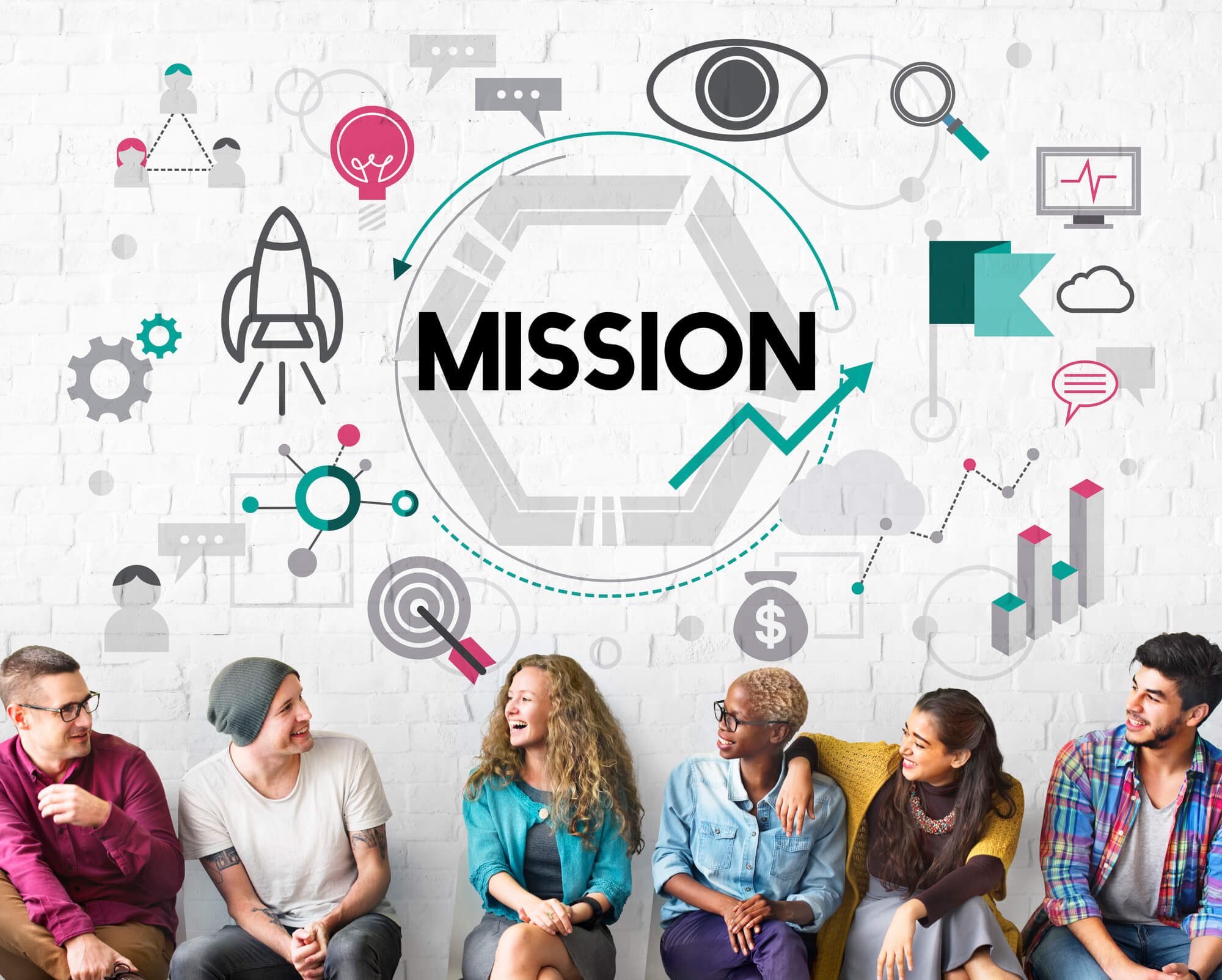 people interacting behind a wall full of mission statement vectors