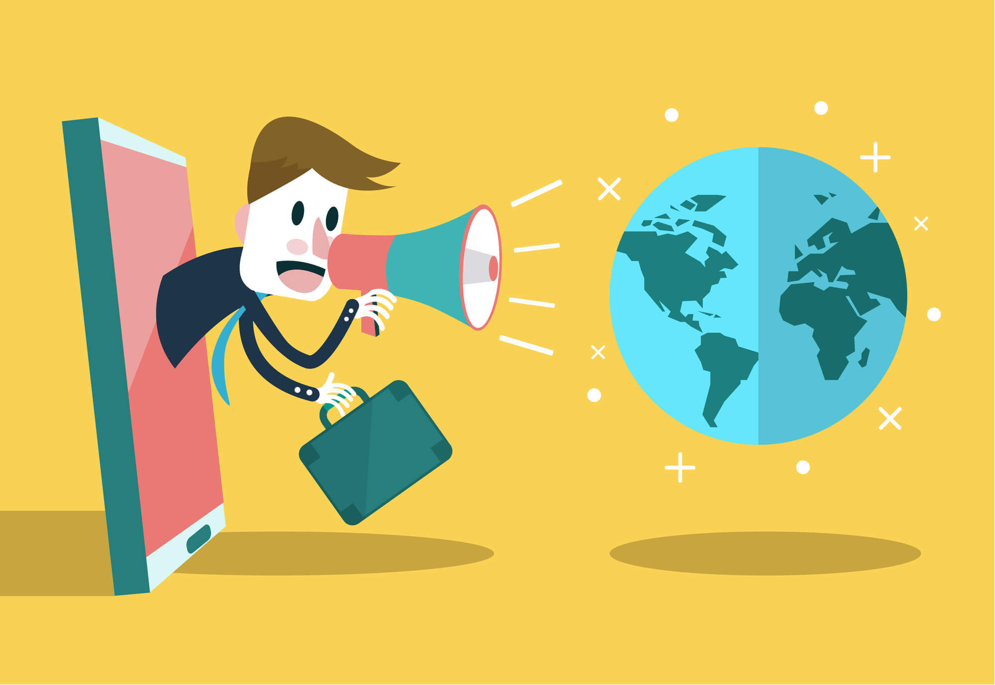 businessman using megaphone to shout to the earth