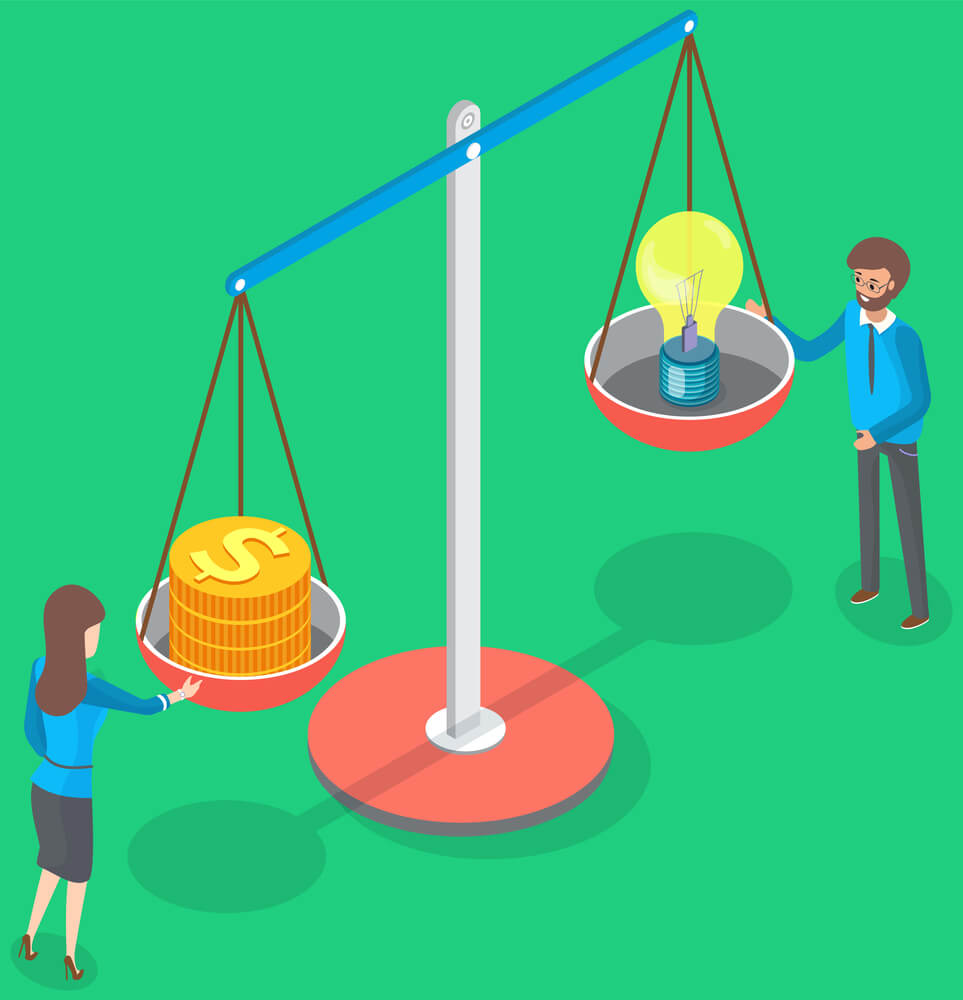 Business man weighing the pros and cons before making a decision