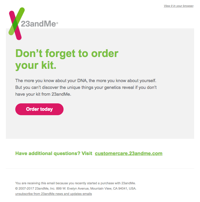 nurturing email from 23andme