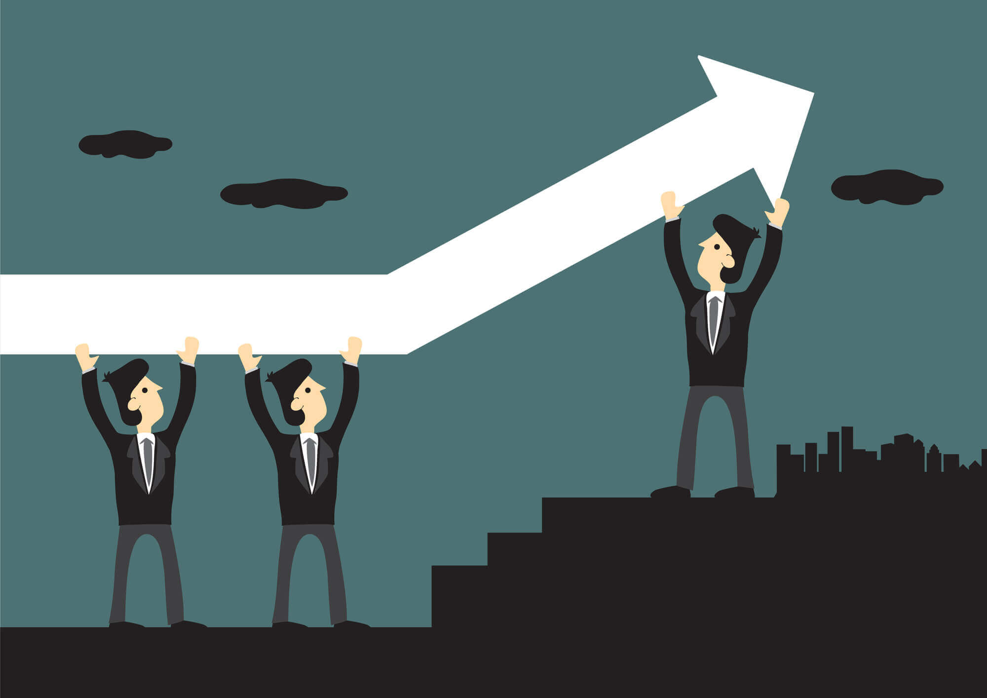 three businessmen holding up arrow