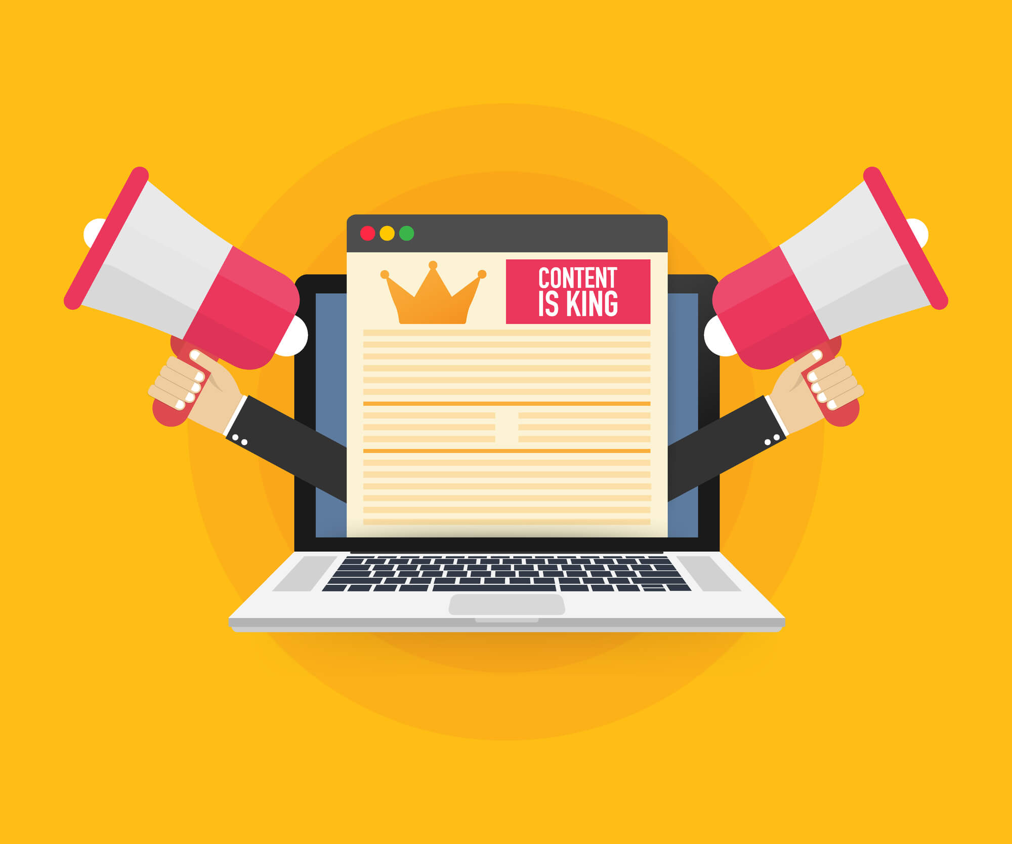 content is king on laptop screen with two megaphones