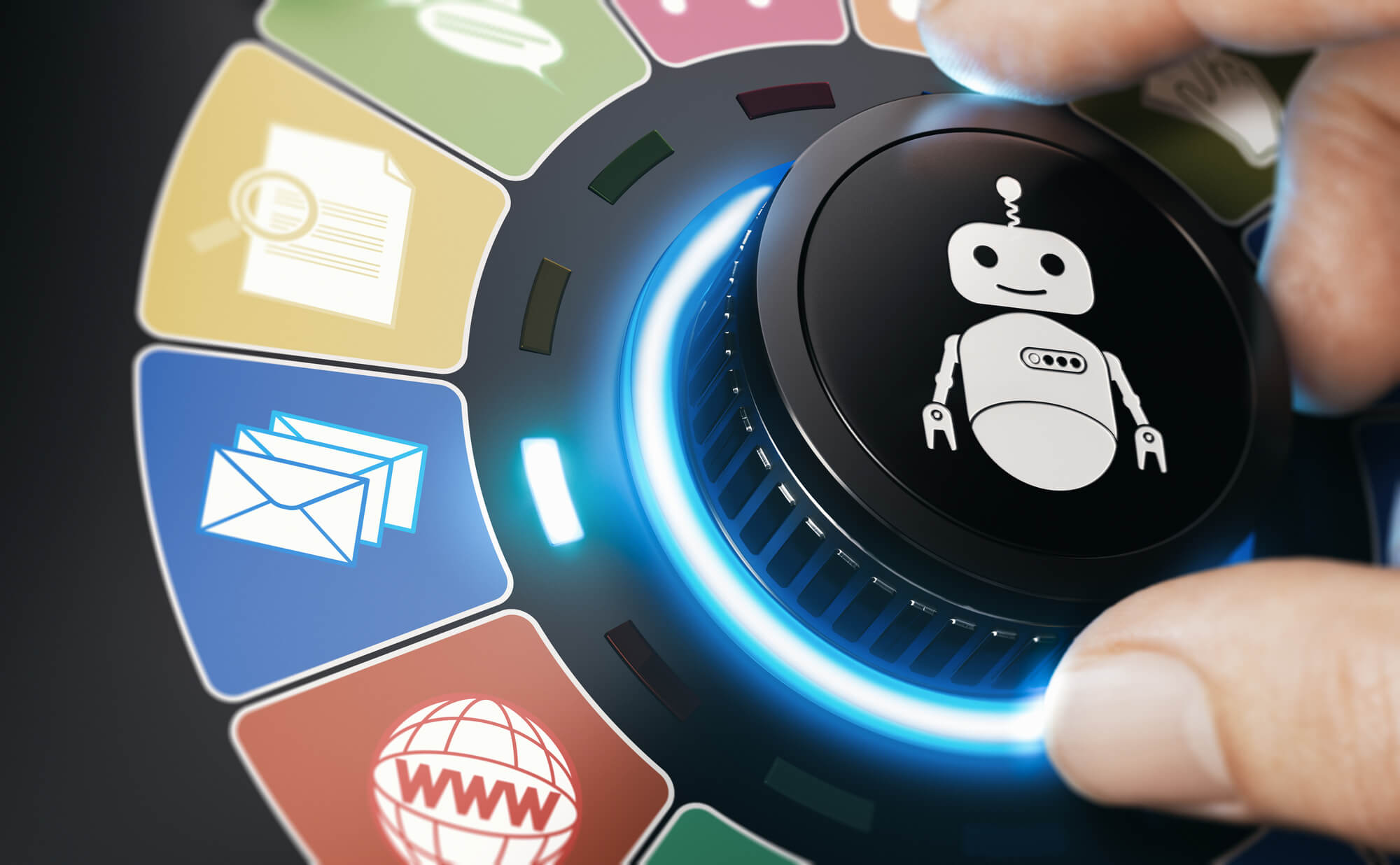 hand turning a conceptual knob with a robot pictogram to automate email task