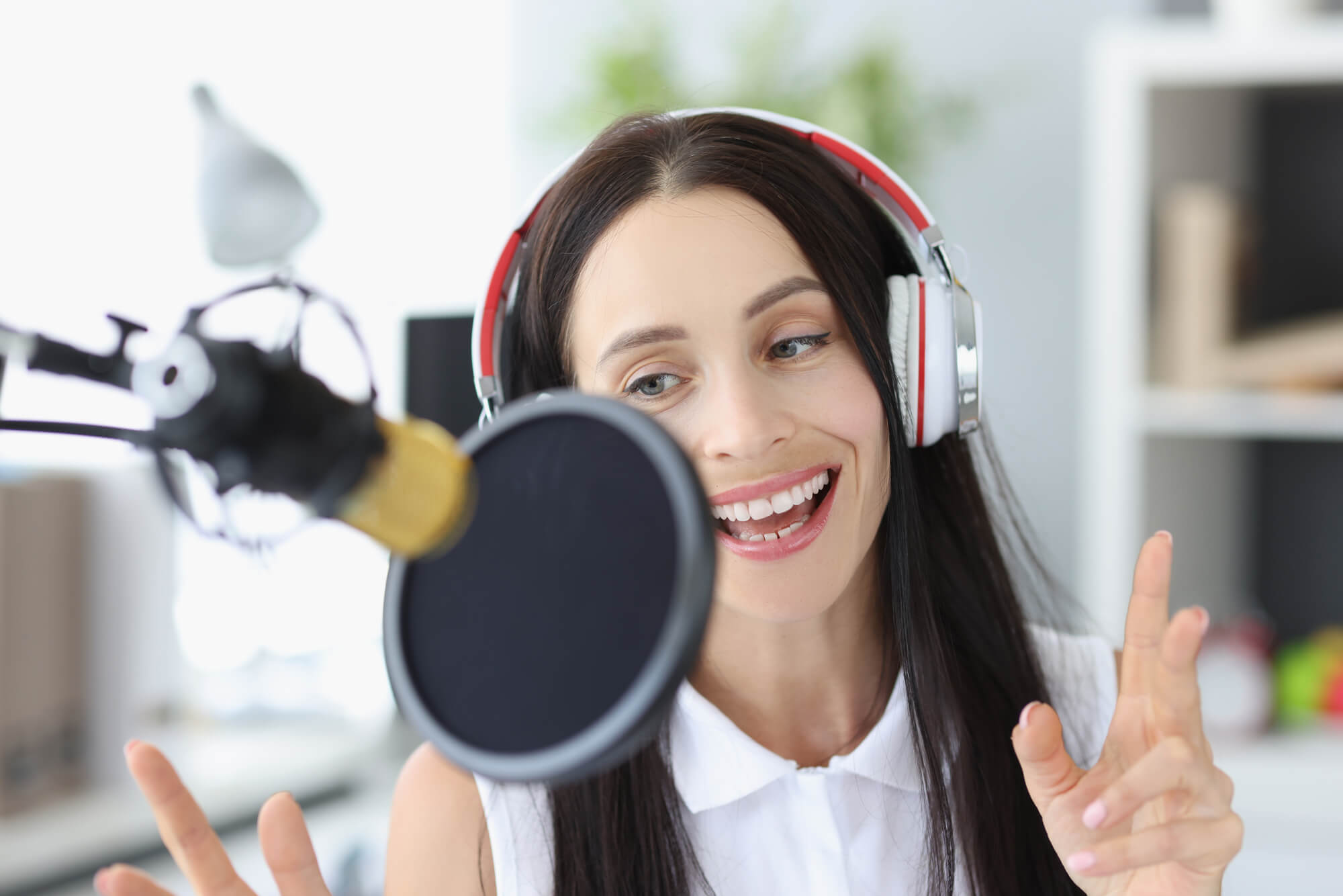 woman recording a podcast